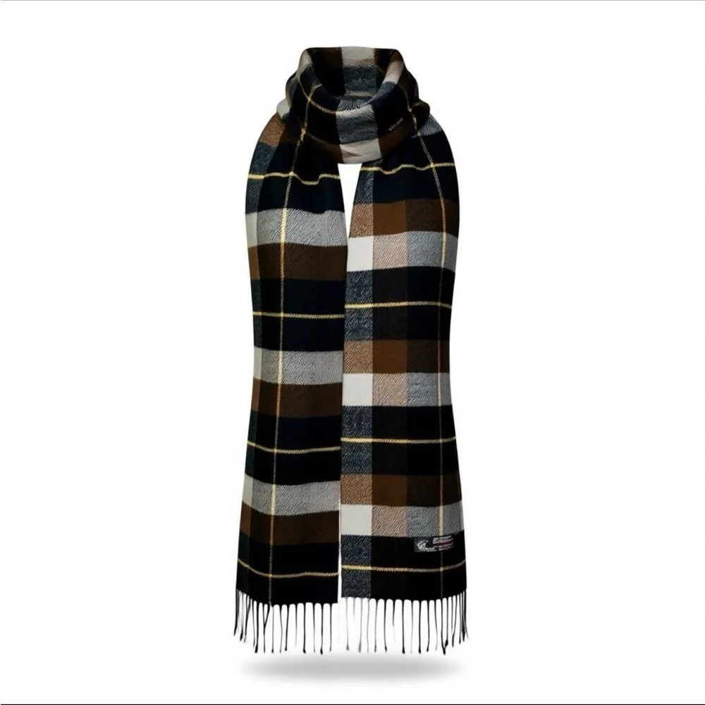 Cashmere Blend Scarf, Unisex Plaid in Black, Brown, and Gray, Italian Design, OS